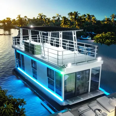 Solar Energy Powered Floating House Boat Luxury Prefabricated Modular Villa Hotel With Toilet Bedroom and Kitchen