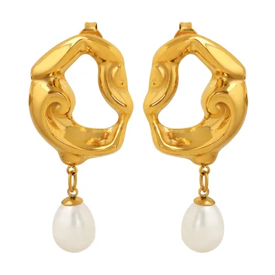 French Vintage Stainless Steel Hoops Earrings Plated 18K Gold Geometric Irregular Lava Pearl Pendant Earrings for Women Girls