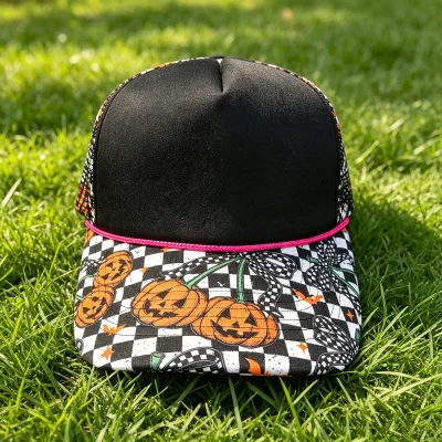 Halloween Pumpkin Trucker Hat Black White Checkered Plaid Mesh Baseball Cap Custom Printed Trucker Caps Christmas Hat
