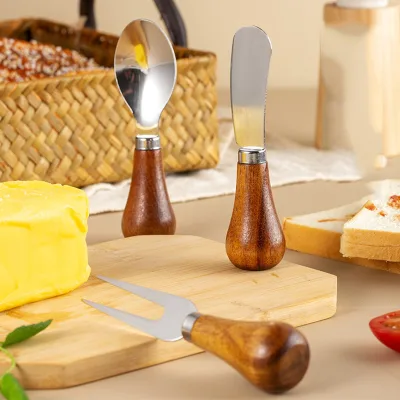 3pcs Stand Stainless Steel Wooden Handle Cheese Cutter Butter Knife Wooden Butter Knife