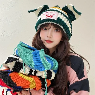 Cat Ears Thickened Knitted Hat Warm Winter Cute Fox Ears Custom Logo Personalized Cartoon Knitted Hat