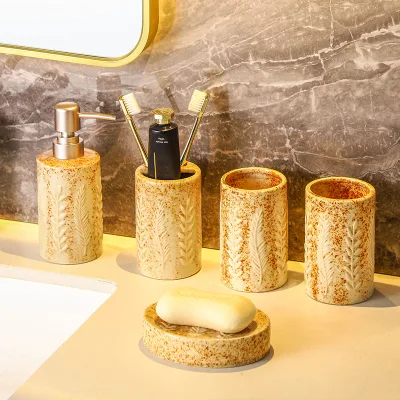 Vintage Beige Ceramic Bathroom Set 5-Piece Rustic Washbasin Accessories with Soap Dispenser for Hotels, Guesthouses, and Villas