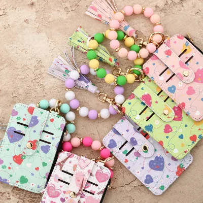 Floral Butterfly  PU Card Holder With Silicone Bead Tassel Wrist Strap Multi-slot Zipper Coin Purse Keychain for Student ID Card