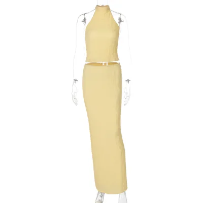 Sexy Backless Wrap-around Pure Color Slim-fitting Comfortable and Fashionable Long Dress Sets in Two Pieces.