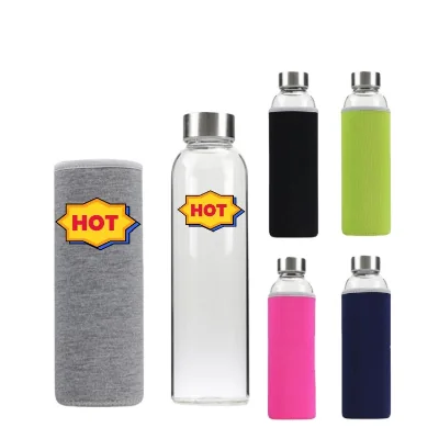 Wholesale Borosilicate Glass Water Bottle with Neoprene Sleeve Leakproof Stainless Steel Cap Sport Glass Drinking Bottle