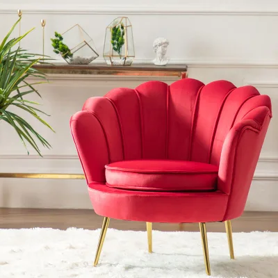 Shell Shape Accent Chair for Living Room Comfy Fabric Armchair Lounge Vanity Chair for Bedroom with Petal Back Golden Metal Legs