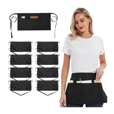 China Manufacture Waist Apron with 3 Pockets Black Waitress Waiter Server Short Aprons