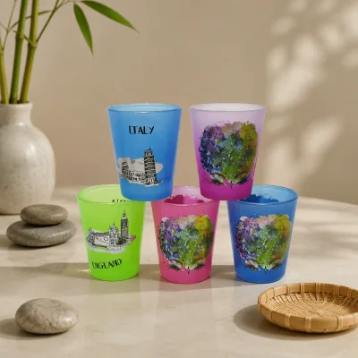 Frosted Tourist Souvenir Shot Glasses Landmark Art Print Small Liquor Cups