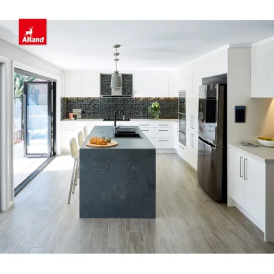Allandcabinet L Shape New Modern Design Kitchen Cabinet Custom White Painting Cabinet With LED Light With Island