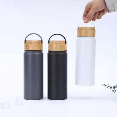 D6028 Customized Bamboo Lid Cup With Handle 304 Stainless Steel Vacuum Insulated Travel 18 Oz Straight Water Bottle