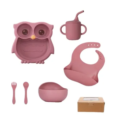 6 in 1 Silicone Baby Feeding Set with Owl Plate Bowl Cup Bib and Utensils