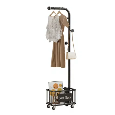 Movable Coat Rack Stand Floor Garment Rack with Hooks Portable Clothes Hanger for Bedroom Living Room Clothes Storage Organizer