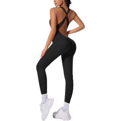 2026 Factory OEM Seamless High Elastic Trousers Beautiful Body-shaping Yoga High-Waist Stretch Back Cross Strap Sport Jumpsuit