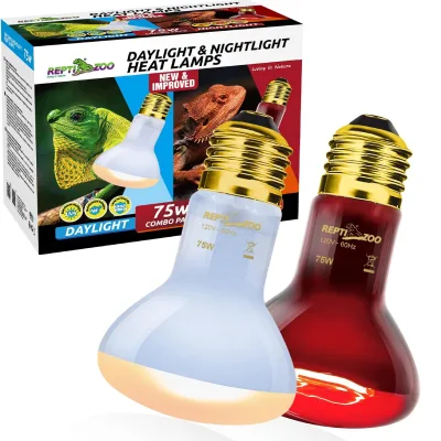 REPTI ZOO OEM 75W Reptile 2PCS Day Night Basking Spot Light Combo Pack Infrared Heat Lamp UVA Daylight Lamp 110V/220-240V