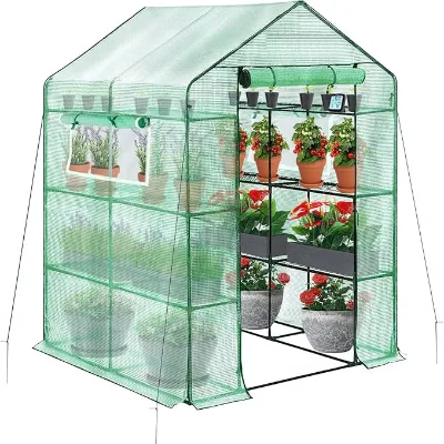 Portable Outdoor Walk in Greenhouse Greenhouses for Outdoor with 4 Steel Wire Shelves and Roll-Up Door