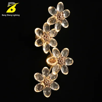 Vertical Flower Crystal Wall Sconce with Champagne Oval Crystal Petals and Bronze Floral Base for Bedroom and Hotel Corridor
