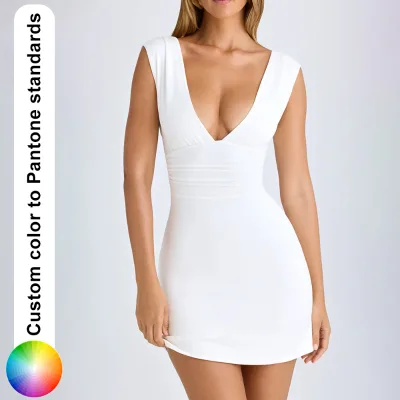 Women's Sexy Solid Bodycon Dress Deep V-Neck Open Back Summer Slim Fit Casual Evening Party Wear Mini Dress
