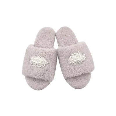 Women's Fluffy Sherpa Non-slip Soft Warm Mule Open Toe Comfortable Memory Foam Pearl Flower Winter Woman Slipper