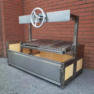 Grilltek GK1340B 53" Wood Charcoal Stainless Steel BBQ Grill-Indoor/Outdoor Use Adjustable Height 3-5 People Capacity