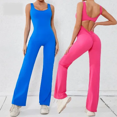 High Quality Deep U Neck Backless Hollow Out Flare Yoga Jumpsuit Tummy Control Gym Workout Jumpsuit Fitness