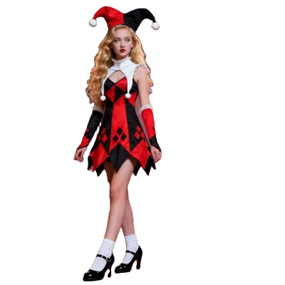 New Halloween Checkered Clown Halloween Circus Costume Women Cosplay Clown Uniform Party Strap Dress Set