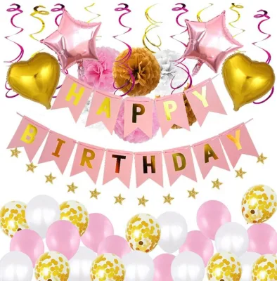 Gender Reveal Birthday Girl Decorations Pink and Gold Party Supplies Happy First Birthday Banner Baby Girl Birthday Decoration