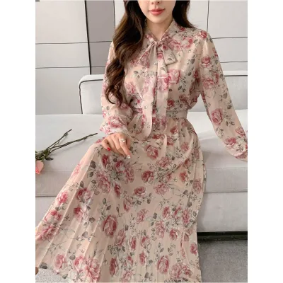Floral Empire Waistline Midi Skirt Set Pleated V Neck Long Sleeves Ruffles Casual Spring Outfit Suit Including Short Length Tops