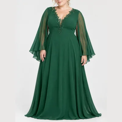 Plus Size Women's Green Chiffon Spring Adults Natural A-Line V-Neck Crystal Feathers Evening Formal Dresses
