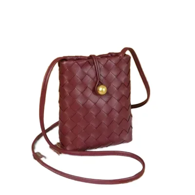 Woven Pu Leather Mini Bucket Crossbody Bag for Women, Drawstring Tiny Shoulder Bag Fashion Daily Mobile Phone Bag