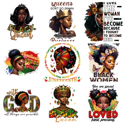 Customized Black Queen Beauty African Melanin Girl for DTF Clothing Sticker Plastisol Heat Transfer Printing Custom Brand
