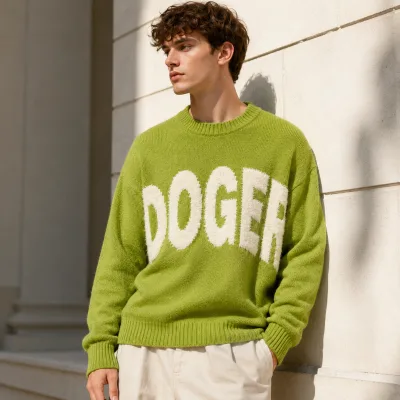 Wholesale Sweater Male Producer Lime Green Intarsia Knit Fuzzy Letter Graphic Print Heavyweight Cotton Blend Oversized Sweater