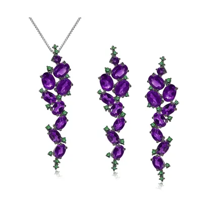 Abding Lucky Purple Gemstone Beautiful Natural Amethyst Cluster Setting Leaf Buds Vine Long Drop Flower Tassel S925 Jewelry Set