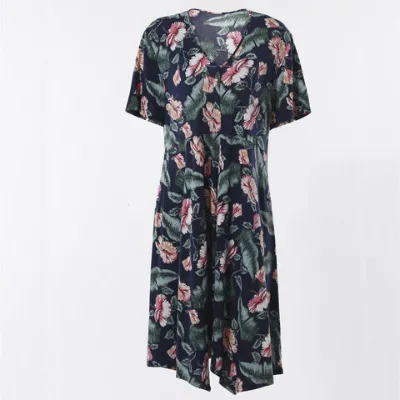 OEM Manufacturer jumpsuit summer drop shoulder short sleeves jumpsuit women v neck palm print jumpsuit