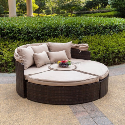 Outdoor Rattan Wicker Patio Canopy Round Lounge Daybed with Cushions