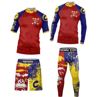 Red Men's Anti-UV Rash Guard for BJJ MMA Brazilian Grappling-Spandex/Nylon Anti-Bacterial Quick Dry