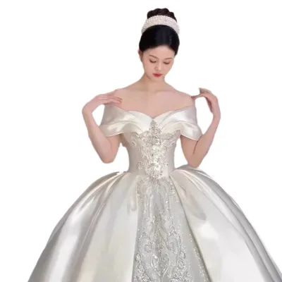 S0113A 2025 Ball Gown Wedding Dress New Style Satin Lace Off-Shoulder High Quality Texture Petite Size Arm Covering for Brides