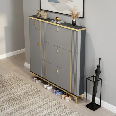 Slim Tipping Bucket Shoe Cabinet 3 Tier with Drawer Fluted Grey Gold MDF Storage Gilded Doors for High End Entrance Schuhschrank