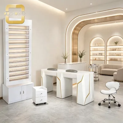 Double Manicure Nail Table with Built in Ambient LED Light Strip and Gold Metal Inlay Decoration for Luxury Nail Salon