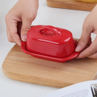 Ceramic Mini Size Cute Red Butter Dish with Lid Small Covered Butter Holder Porcelain Condiment Dish for Kitchen Counter Gift