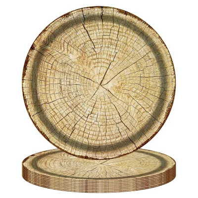 Hot Selling Modern Style Circular Wood Grain Paper Plates for Picnics Gatherings Home Use Classic Party Tableware Decoration