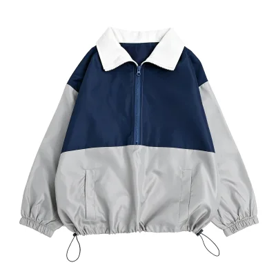 Children's Color Block Half-Zip Windbreaker Jacket, Retro Oversized Casual Coat with Drawstring Hem