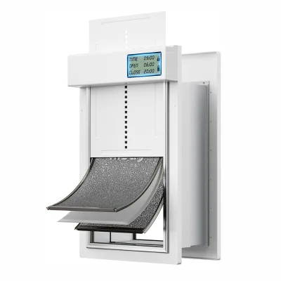 Automatic Dog Cat Door for Outdoor Use LCD Display 3 Flap System Timer/Manual Modes Modern Style Aluminium Plastic for Windows
