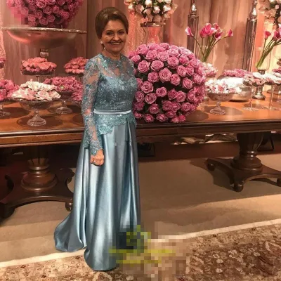 Illusion Long Sleeve Mother Wedding Party Gowns Beaded Lace Applique Top Peplum A-Line Mother of the Bride Dresses