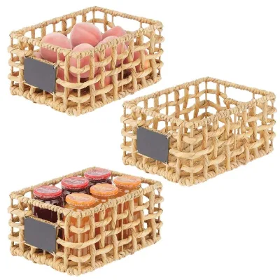 Exquisite Durable Household Built-in Chalkboard Label Water Hyacinth Open Weave Pantry Basket Bin