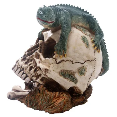 Halloween Resin Creative Terror Figurine Green Lizard Head Skeleton Bones Cross Style Home Ornament Gothic Skull Figurine Decor