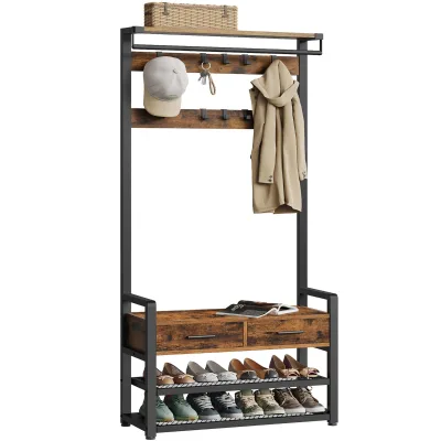 Factory Country Style Vintage Brown Solid Wood Stable Removable Coat Rack Bench Shoe Storage Hall Tree