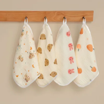25*25 cm Ready High Density 100% Cotton Wash Cloth Stock 4 Layers Towel Printed for Girls Boys Muslin square Baby
