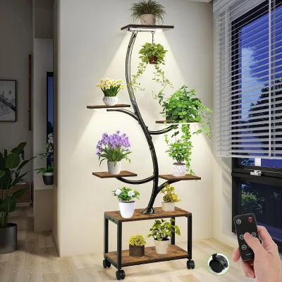 Plant Stand Indoor With Grow Lights, Sturdy Indoor Plant Stand With Locking Pulley, 7 Tiered Tall Plant Shelf