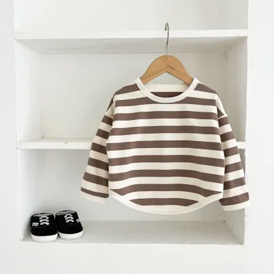 Ins-style Boys Girls Base-layer Cotton Moisture-wicking Long-sleeve T-shirt New Spring/autumn Korean-style Trendy Striped