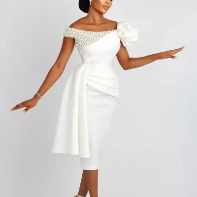 2024 Off Shoulder Crystal Pearls Satin Wedding Dress Formal Party Gowns Sheath Tea Length Black Girls Boho Bridal Dresses